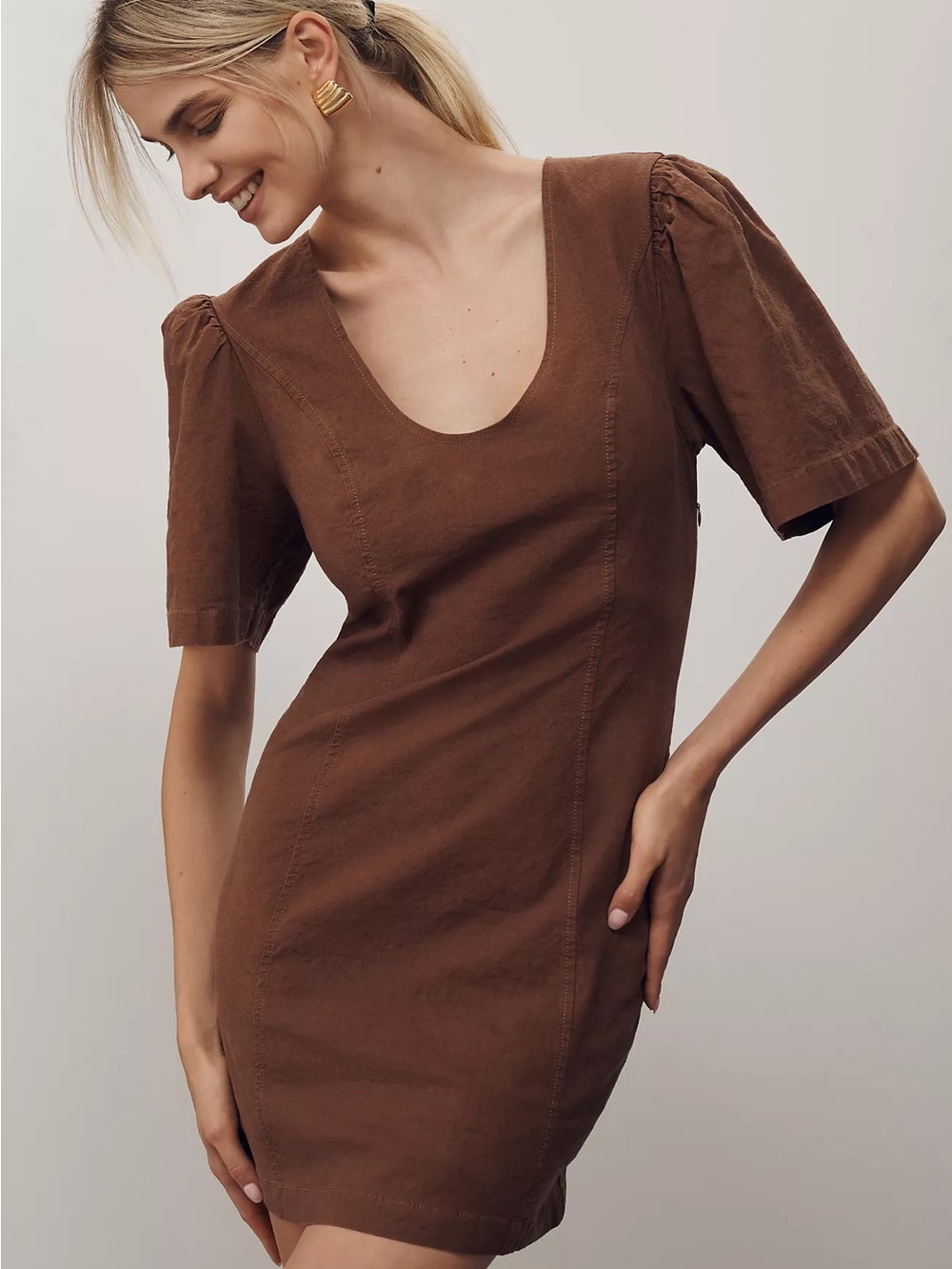 Maeve Puff-Sleeve Back-Cutout Mini Dress